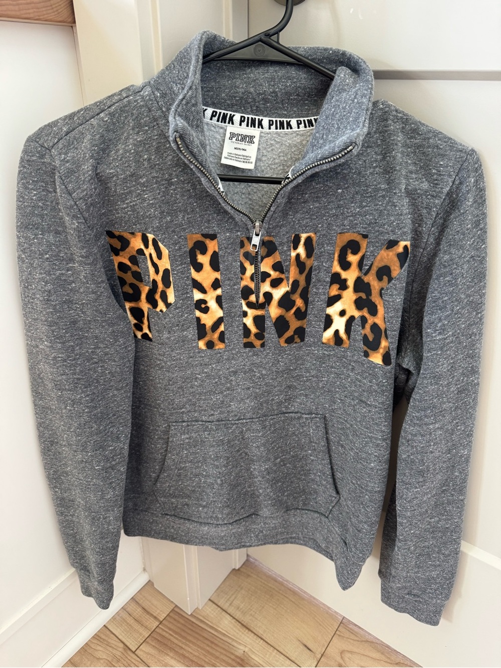 PINK Victoria's Secret Gray Half-Zip Sweatshirt with Leopard Logo